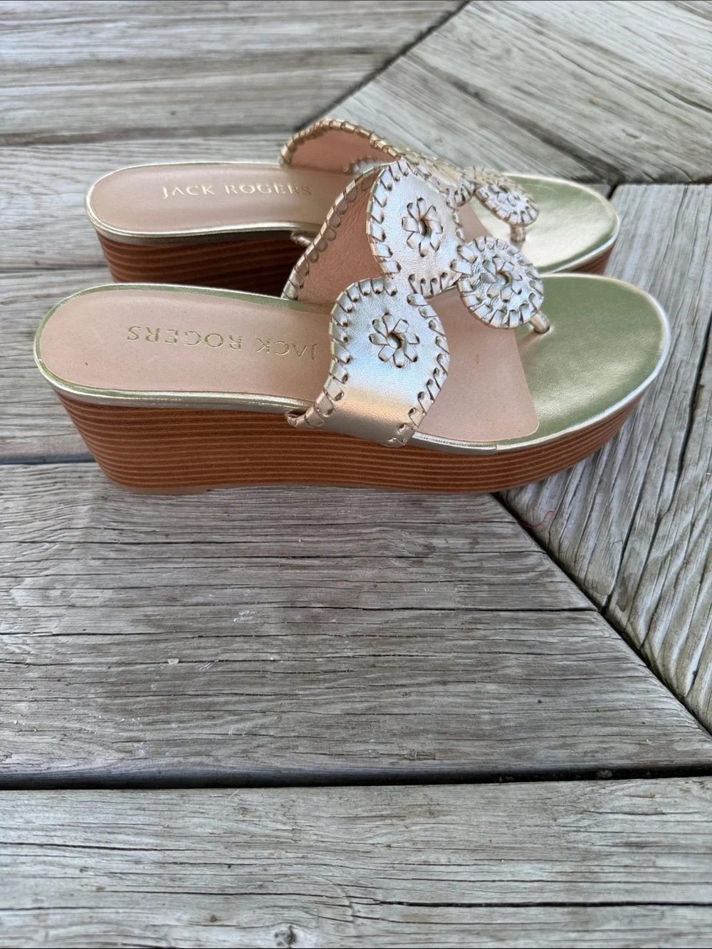 Jack Rogers Metallic Rose Gold & Light Green Blossom Sandals - Picture 2 of 4